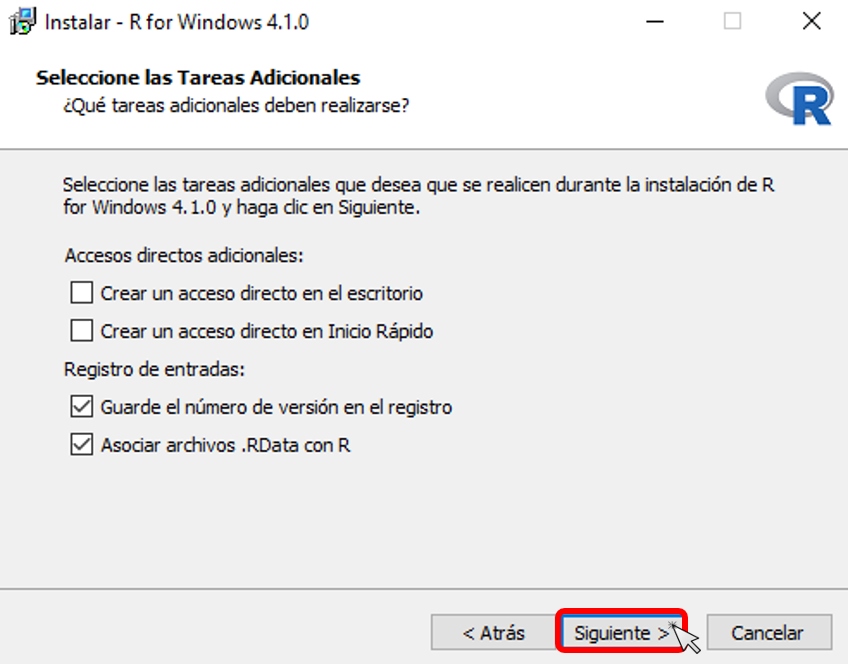 Paso 7 instalación de R en Windows