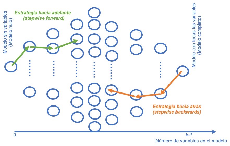 Representación de las estrategias stepwise forward y stepwise backwards