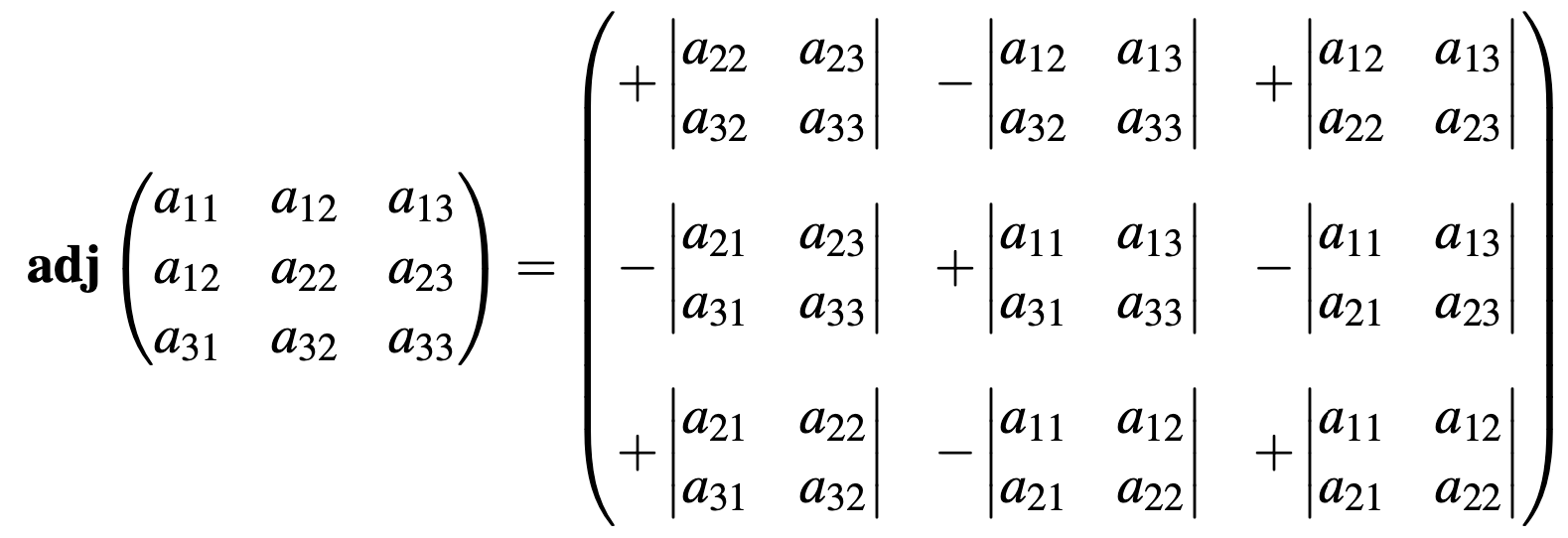 Ejemplo de una matriz adjunta de orden tres