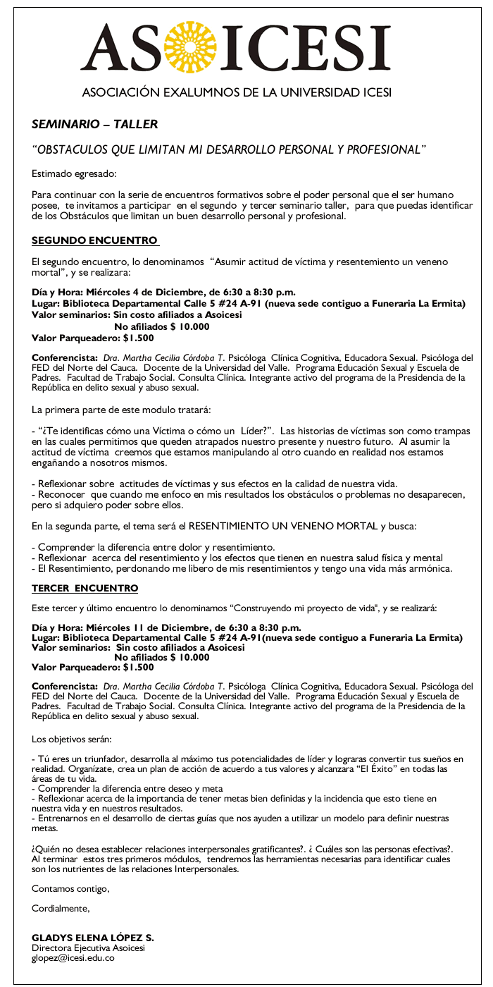 Seminario-Taller: "Obstáculos que limitan mi Desarrollo Personal y Profesional".